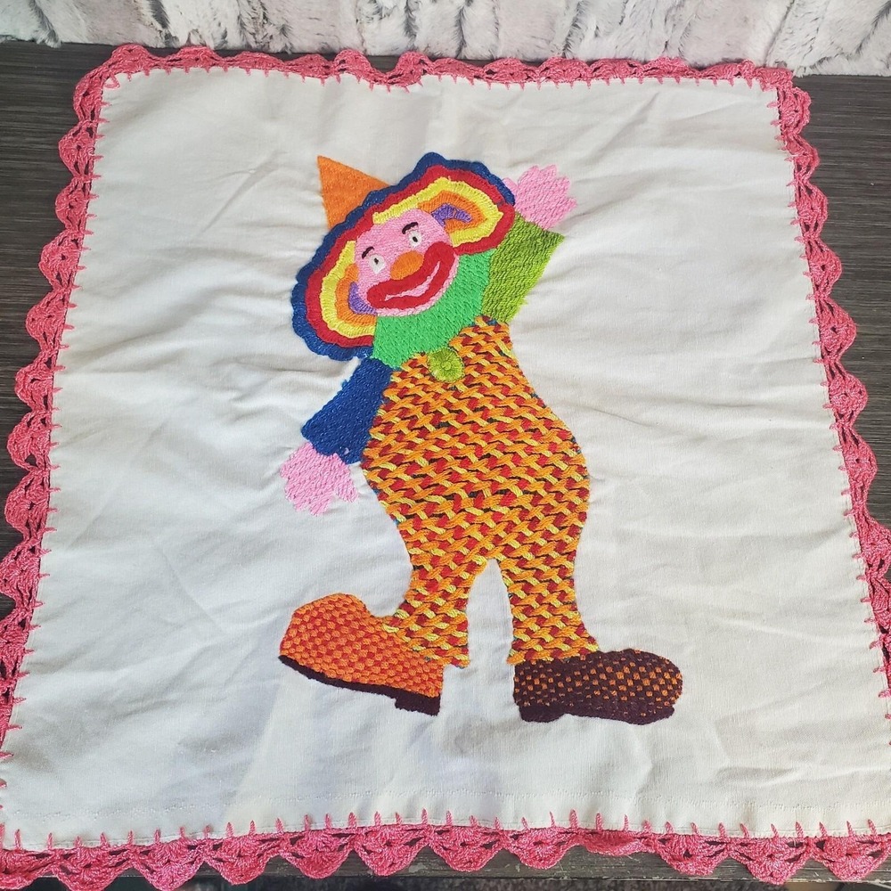 Vintage Dancing Clown Needlepoint On Fabric, Pink Yarn Lace Ruffile Trim